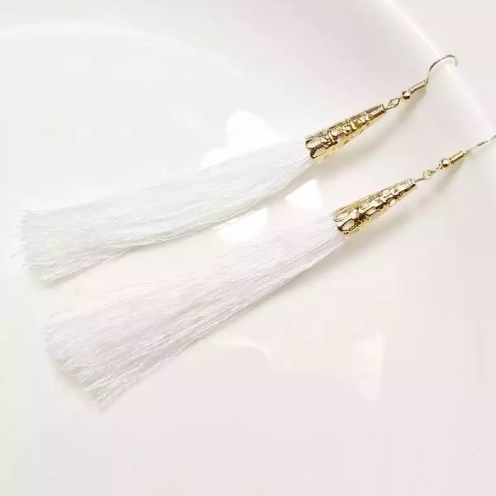 Boho White & Gold Tassel French Hook Earrings
